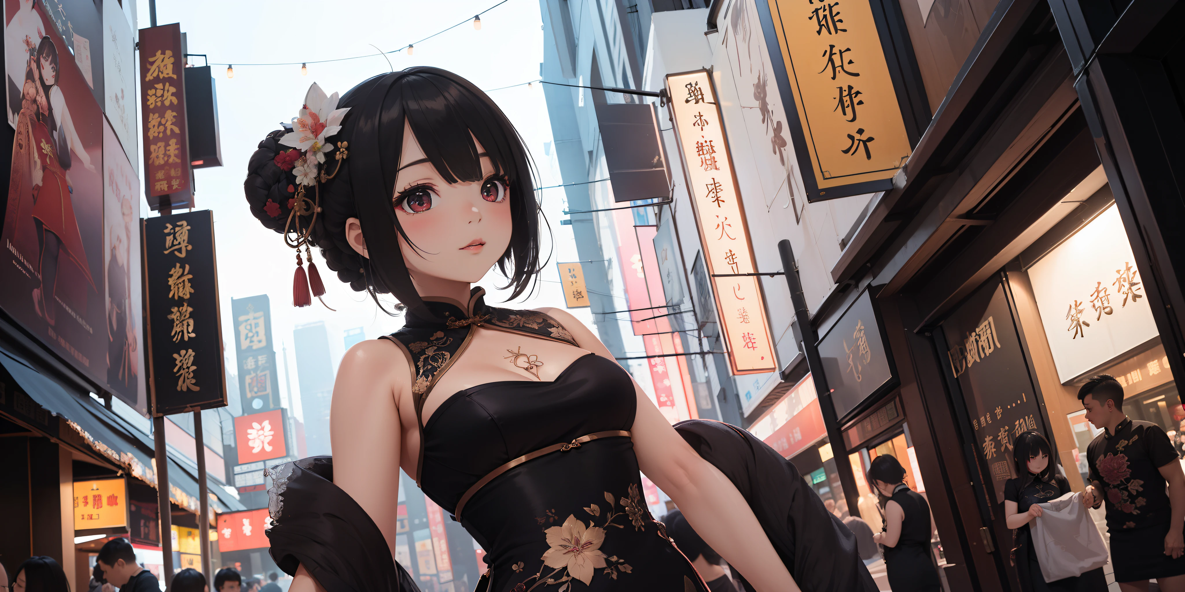 ((Best quality)), ((Masterpiece)), ((Ultra-detailed)), (illustration), (Detailed light), (An extremely delicate and beautiful),A charming young girl,on cheongsam,Hong Kong,Kowloon Street