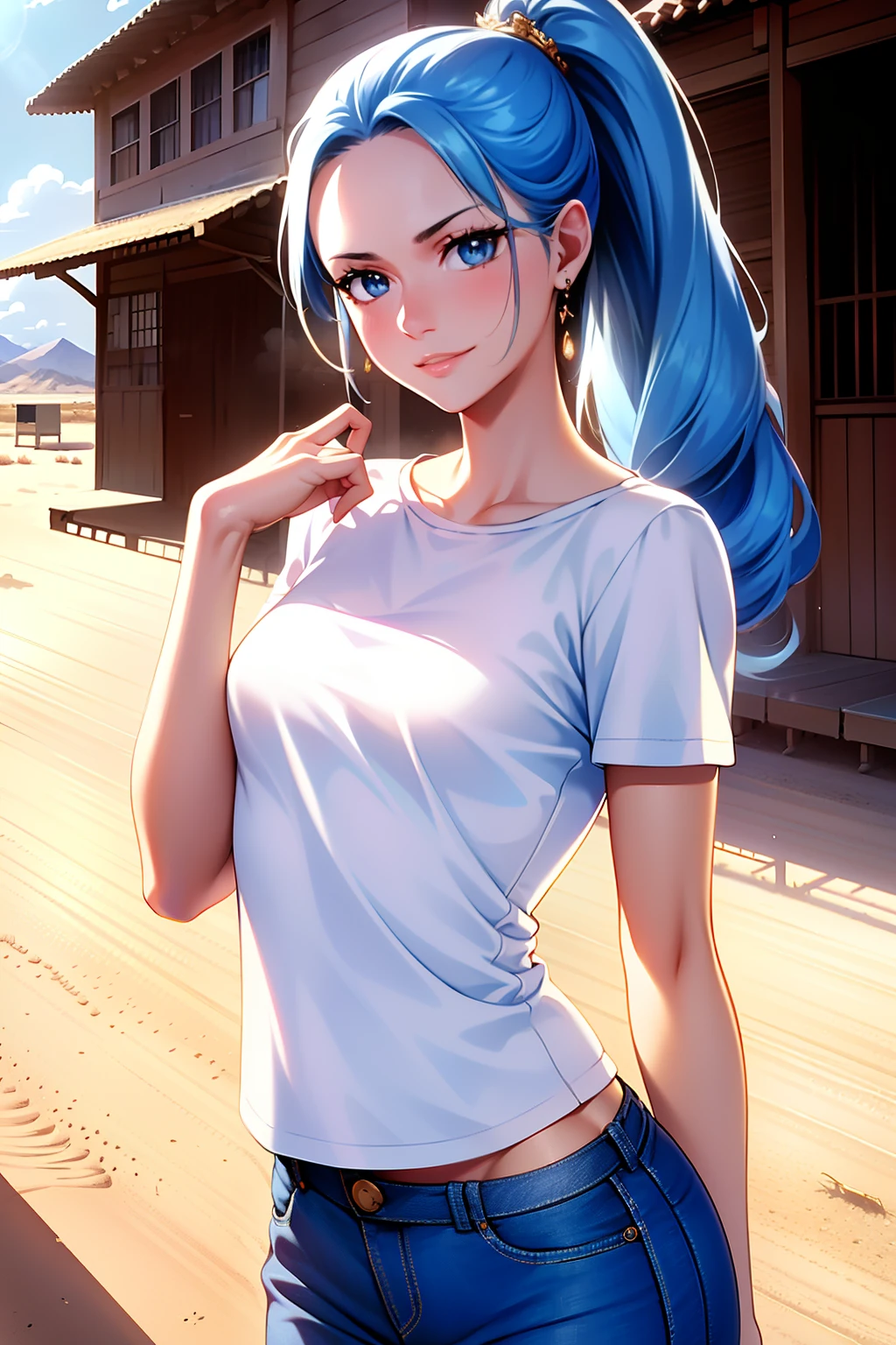 ultra realistic 8k cg, masterpiece, ((ultra detailed background, delicate pattern, intricate detail)), (highly detailed, fine details), best quality, 1girl, (photorealistic:1.4),beautiful lighting, absurdres, RAW photo, film grain, ((medium breasts, slim girl)), Vivi, 1girl, long hair, blue hair, solo, smile, earrings, ((small breasts, slim girl)), jeans, ((t-shirt, round neck)), ponytail, hair ornament, sky, blue eyes, cowboy shot, (complex detailed background, outside, sunny, desert town environment, buildings, town, market, hair lift, cowboy shot),