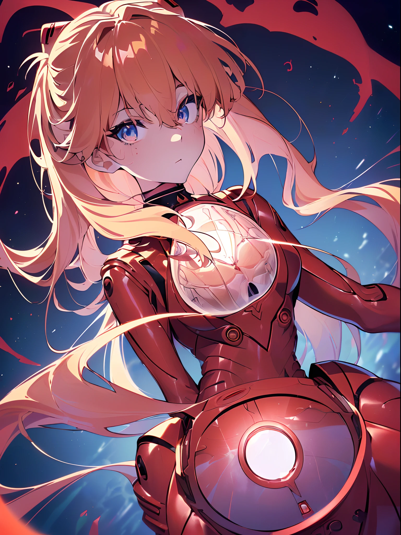 ((souryuu asuka langley, interface headset, red bodysuit:1.4, blonde)),(glowing eyes:1.233),(beautiful and detailed eyes:1.1),(expressionless,closed mouth),(standing), 1girl,solo,(masterpiece,best quality, official art,aim to viewers, beautiful and aesthetic:1.2),(ultra high res,spiral, golden ratio, (4k), see from above,((above the earth)),((in the space)),floating, (photon mapping, radiosity, physically-based rendering,automatic white balance), technological sense,Amazing,sharp focus,rich background, (((high detailed skin,)))dynamic lighting,intricate detailed outfit,glowing eyes,watery eyes,(masterpiece sidelighting),(bishoujo,lustrous),[[delicate fingers and hands:0.55]::0.85],(detail fingers),((((SLR camera lens reflected in the eyes,Ultra Photographic Quality,fisheye,ultra wide angles)))),((incredibly absurdres)),micro shot,((extremely_detailed_eyes_and_face)),(disheveled hair),darkness,FilmGirl