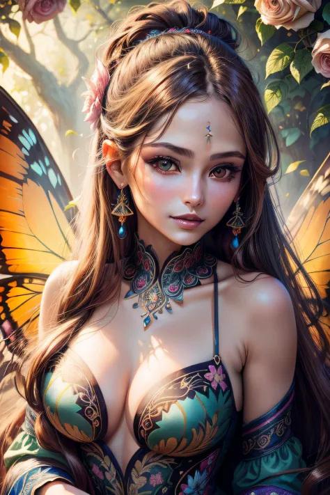 (best quality,highres,masterpiece:1.2), stunning alluring girl,long pony tail hair,light smile, alebrije art style,vibrant colors,warm sunlight,butterfly wings,floral patterns,fantasy garden,delicate details,ethereal atmosphere,pastel tones,playful express...