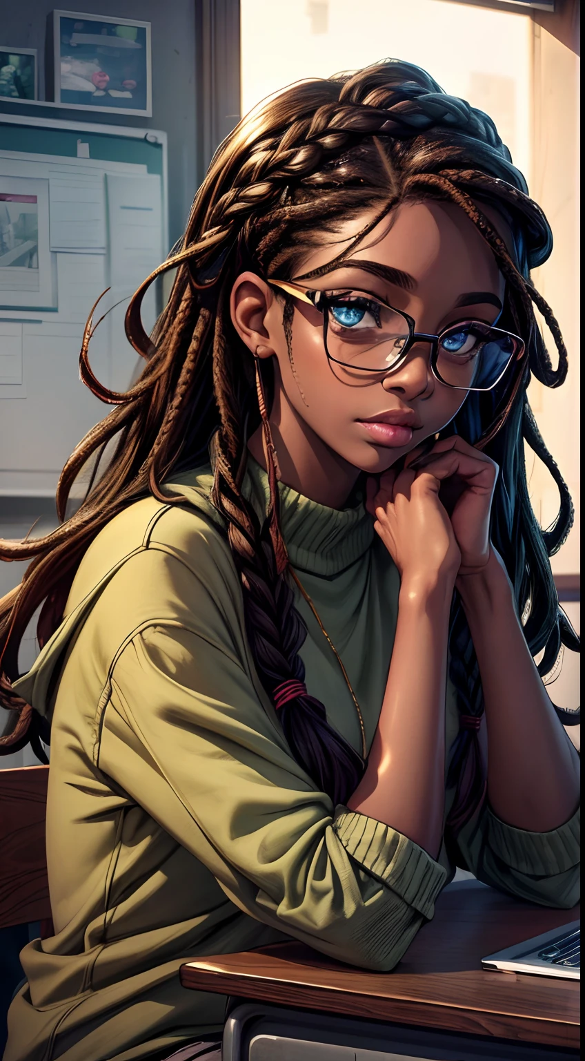 (best quality,4k,8k,highres,masterpiece:1.2),ultra-detailed,(realistic,photorealistic,photo-realistic:1.37),Black girl,dark brown skin,long braids,grey glasses,brown braids,dark green sweater,holding a HDMI cable,sitting in the classroom,serious expression,portraits,detail of the eyes,detail of the lips,beautiful detailed eyes,beautiful detailed lips,extremely detailed eyes and face,long eyelashes,vivid colors,warm color tones,soft lighting.