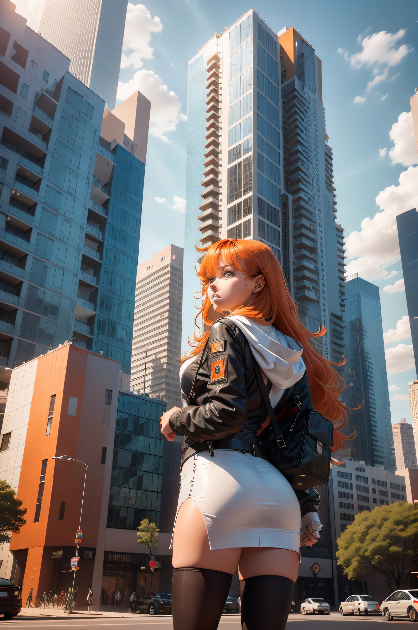 Generate an ultra-realistic image of Sophia Garcia, a 20-year-old Turkish woman with Orange hair, standing in front of a massive, high-tech skyscraper. Seen from back, back angle, face not seen.Sophia is holding a wheeled case and gazing up in awe at the towering building, she is about to enter the building. Giant building towering over her, 1 tower.1 One high tech neon style building, tower very close to her. The high-tech building should be depicted with futuristic architectural details, and Sophia should have a sense of wonder and admiration in her expression. Emphasize the ultra-realistic quality of the image, aiming for a photograph-like level of detail.