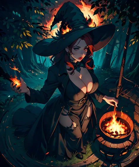 Masterpiece, 8k, MILF witch with huge tits wearing a black dress and large Witch hat, cleavage, big full lips, red hair, night, darkness, woods, trees, werewolf in the background, standing behind a big iron cauldron, flames, (from above:1.4)