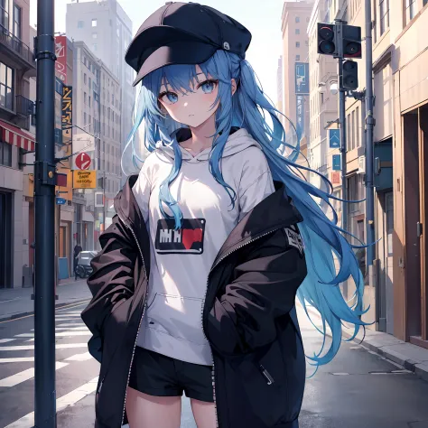 masterpiece,1girl,solo,long hair,blue hair,hoodie,off shoulder:1.2, mob cap, street,hand on hip, hand in pocket,