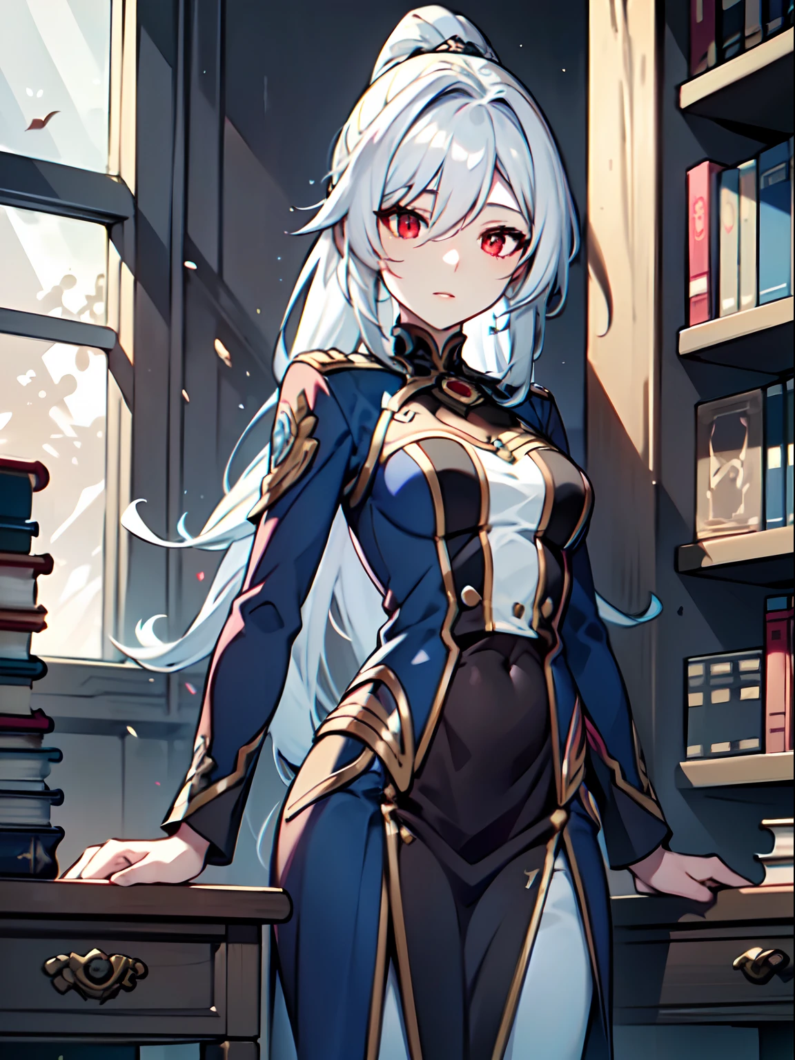 (masterpiece:1.2), (pale skin:1.2), (solo:1.2), (female:1.1), (emphasis lines:1.3), (adult:1.2), white hair, (ponytail:1.1), (dark blue uniform:1.3), (library:1.1), red eyes, (indoors:1.2), windows, books, table, tie, (librarian:1.1), side bands, (long hair:1.1)