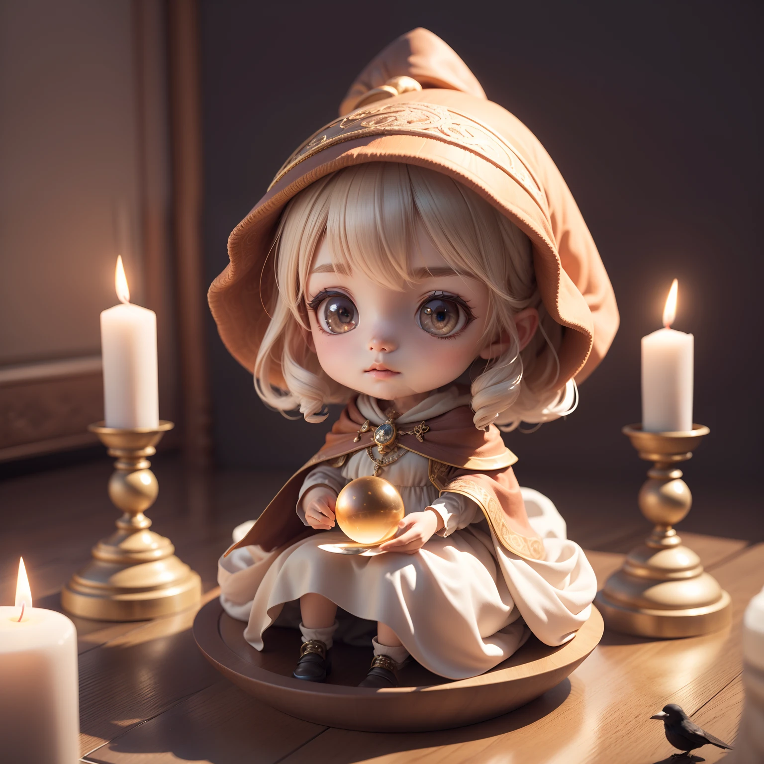 Cute Baby Chibi Anime、(((chibi 3d))) (Best Quality), (masutepiece)、Old witch sitting on Kadilau's chair in the background ，She was holding Soniste's crow。 On the table in front of her is、The crystal ball was clear， There is a mysterious fantasy world in the crystal ball，Several candles were lit next to it ，A sideways glance at the camera，Be thoughtful，Pack in sheets，hermit，Marble statue of，Deep octane rendering,Candlelight lighting、barroco、Europeatomically correct，super detailed
