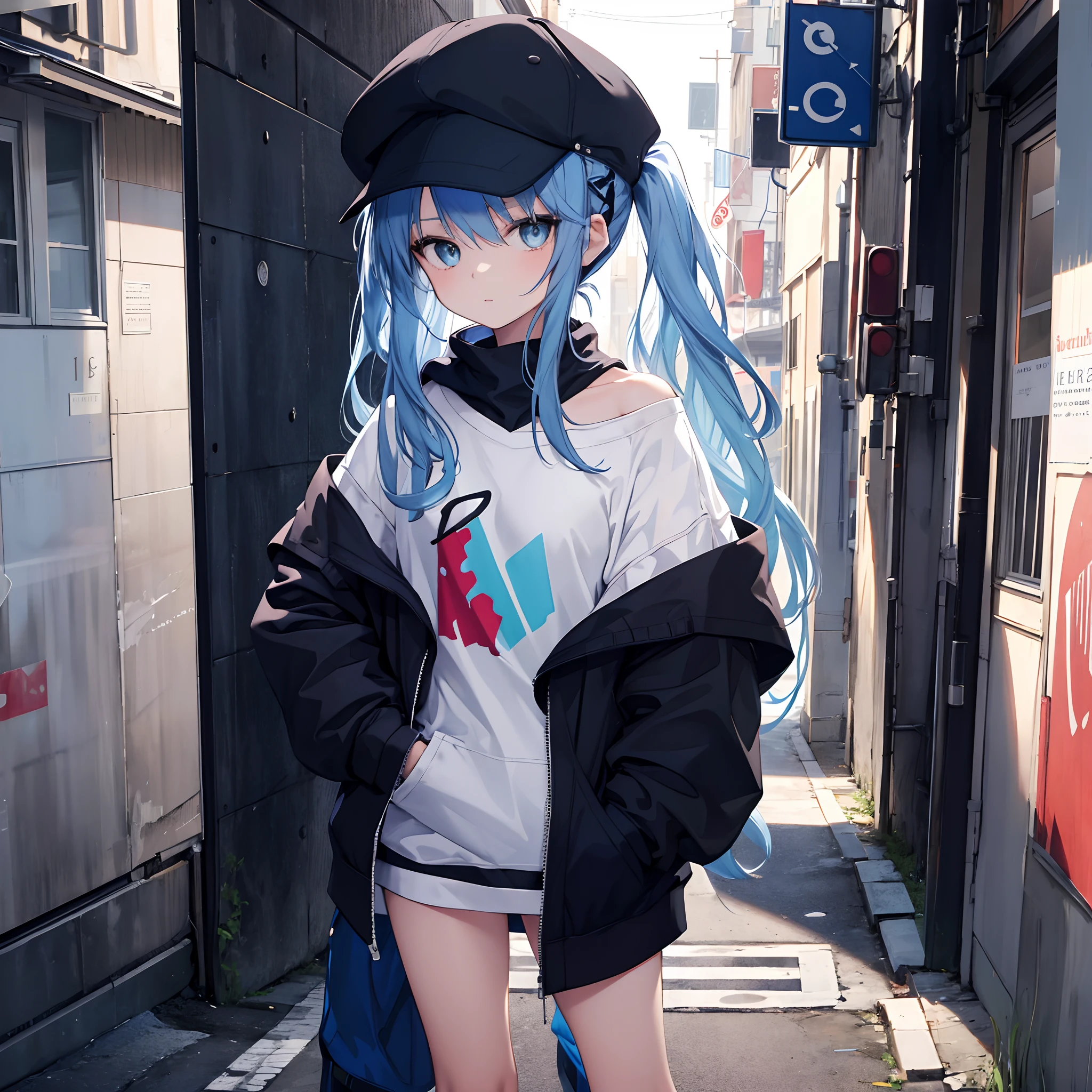 masterpiece,1girl,solo,long hair,blue hair,hoodie,off shoulder:1.2, mob cap, street,hand on hip, hand in pocket,