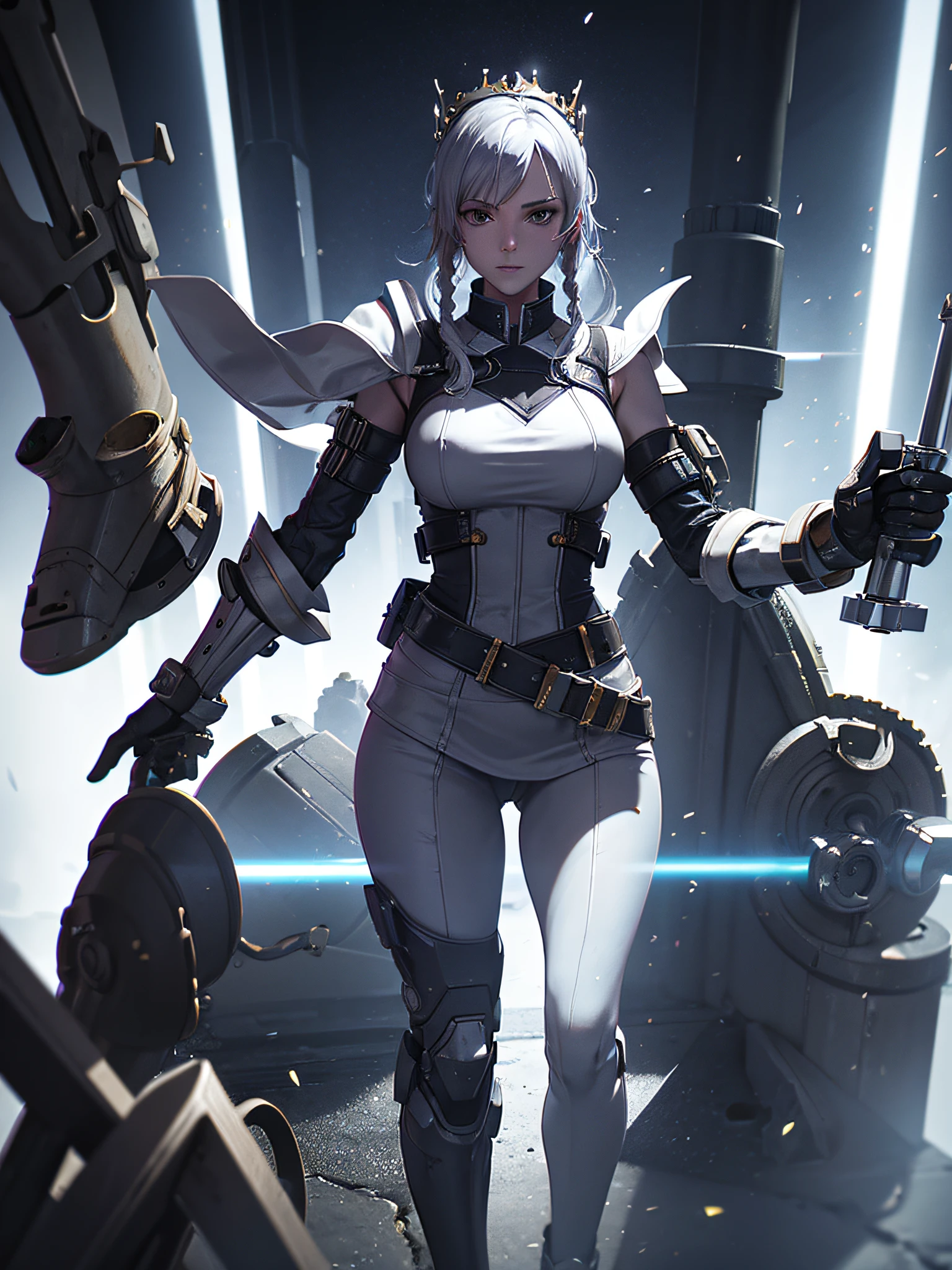 (Best Quality)), ((masutepiece)), (Very detailed: 1.3), 。.。.3D, master chef-mecha, Beautiful cyberpunk woman wearing crown, with master chef style armor, sci-fi technology, nffsw (High dynamic range), Ray tracing, NVIDIA RTX, Super Resolution, Unreal 5, Subsurface scattering, PBR Texture, Post-processing, Anisotropy Filtering, depth of fields, Maximum sharpness and sharpness, multi-layer texture, specular and albedo mapping, Surface Shading, Accurate simulation of light-material interactions, Perfect proportions, Octane Rendering, Duotone lighting, Low ISO, red balance, thirds rule, Wide aperture, 8K Raw, high efficiency sub-pixel, Subpixel Convolution, light Particle, light scattering, Tindall Effect, so sexy, Full body, Battle Pose, silver hair with braids,