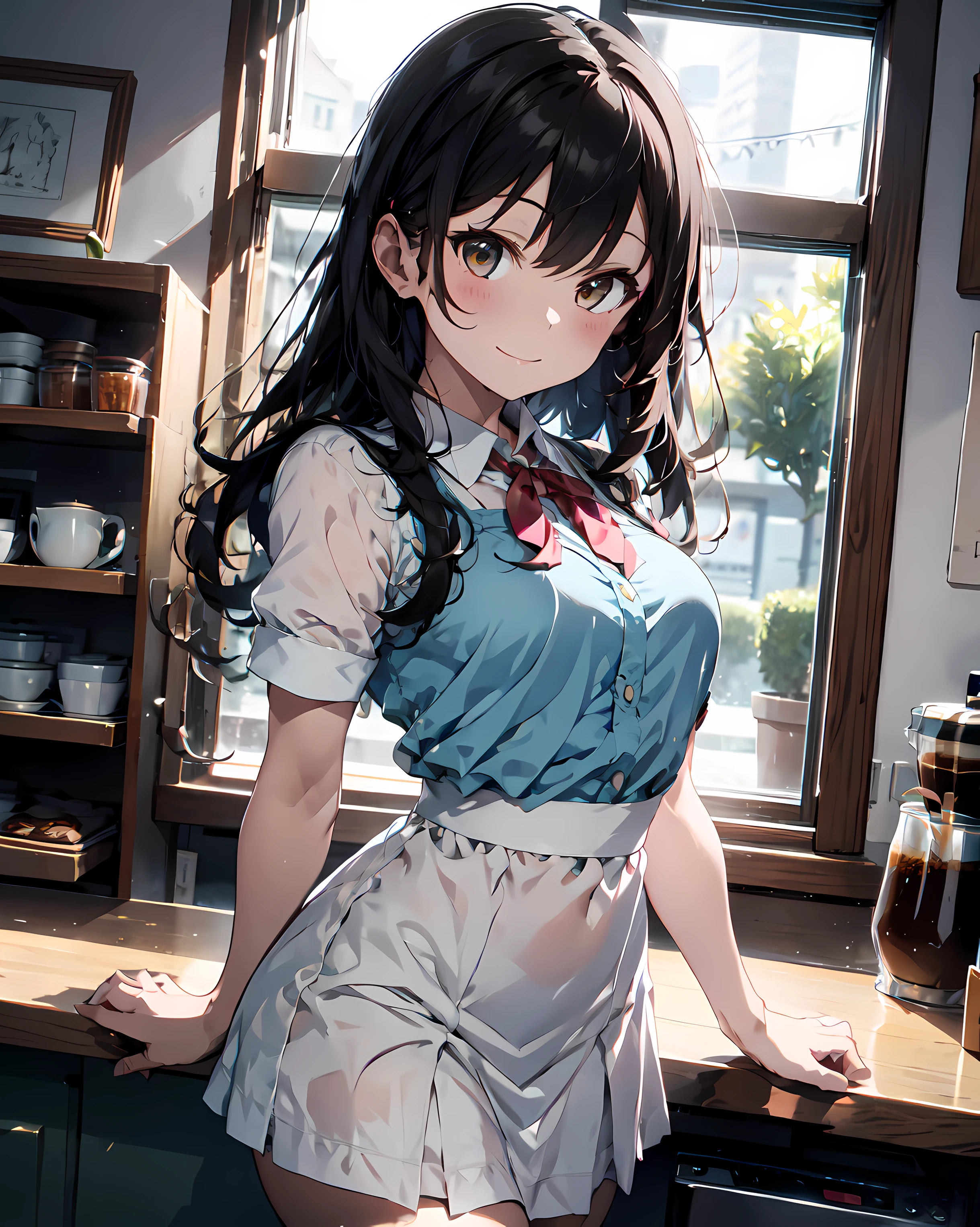 Alto, Ultra Detalhado, (1girl:1.3), (dynamic pose):1.0 INTERVALO, imagem de cowboy, top angle, ((1 extremely cute and cute coffee girl standing at the coffee counter)), caixa, wearing a gothic lolita maid's outfit, camisa de gola e uma saia longa de pregas verdes na altura do joelho, avental preto, Ela tem o cabelo loiro de duas caudas, fitas de cabelo vermelho, peito gigantesco, Fino, Abs, chibi-personagem, 6 tamanho natural, roupas detalhadas, corpo detalhado, Detailed arms, human hands, detailed hands, corar, envergonhado, sorriso leve, Feliz, ,sorriso leve, boca fechada, batom rosa, surpreso, olhando o espectador, de frente para o espectador, Pose de modelo bonita, extremamente inclinado para a frente contra o espectador, hands on the stomach, studio soft light, Cinematic light, Antecedentes detalhados, symmetric, hiper-realista, altamente detalhado, intrincado, Muito suave, foco nítido, Redshift rendering, 8k, Realistic, ultra-realistic, master part,