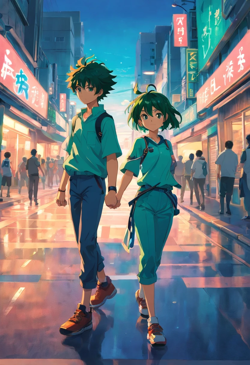 Dos personajes de anime caminando por una calle de la ciudad tomados de la  mano - SeaArt AI