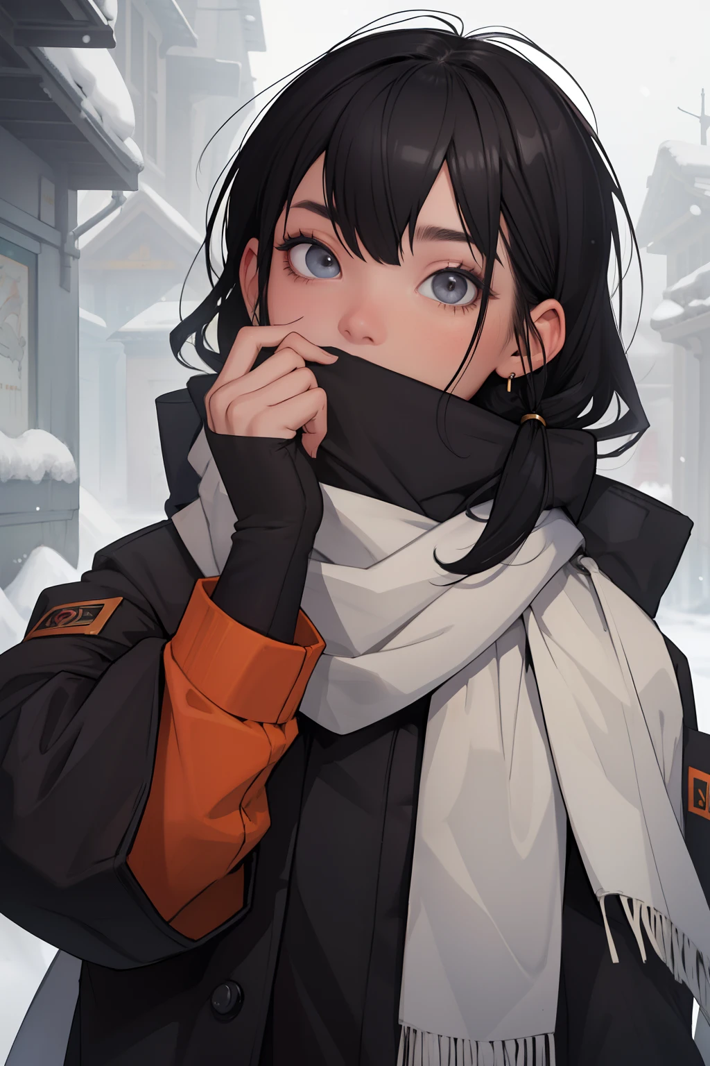 sam yang,

1girl, black eyes, black hair, covering mouth, earrings, hand over own mouth, jacket, jewelry, looking at viewer, multiple rings, portrait, ring, scarf, snowing, solo, white scarf
, ((masterpiece))