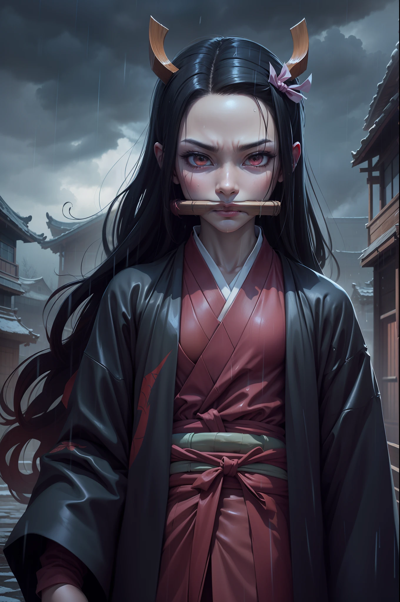 Démon Nezuko avec du bambou dans la bouche de l&#39;anime Demon Slayer debout immobile, le fond est fait de maisons ninja brisées sous la pluie