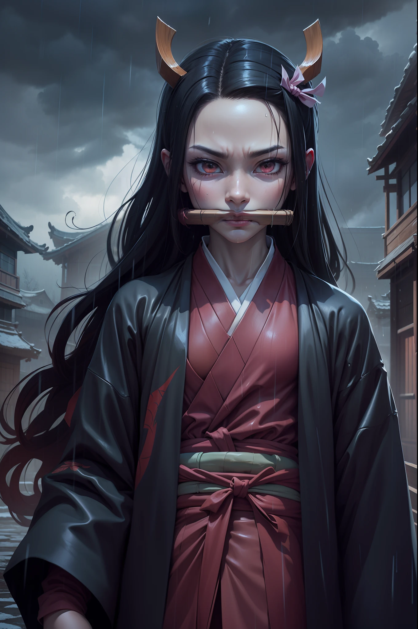 Demon Nezuko con bambú en la boca del anime Demon Slayer parado, El fondo está hecho de casas ninja rotas bajo la lluvia.