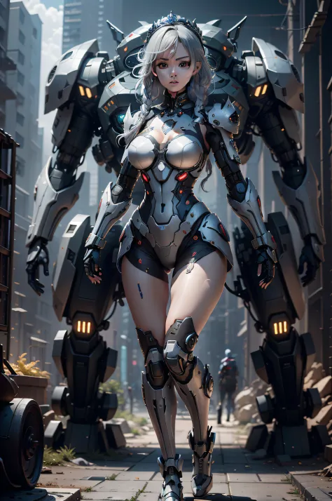 (Best Quality)), ((masutepiece)), (Very detailed: 1.3), 。.。.3D, master chef-mecha, Beautiful cyberpunk woman wearing crown, with master chef style armor, sci-fi technology, nffsw (High dynamic range), Ray tracing, NVIDIA RTX, Super Resolution, Unreal 5, Su...