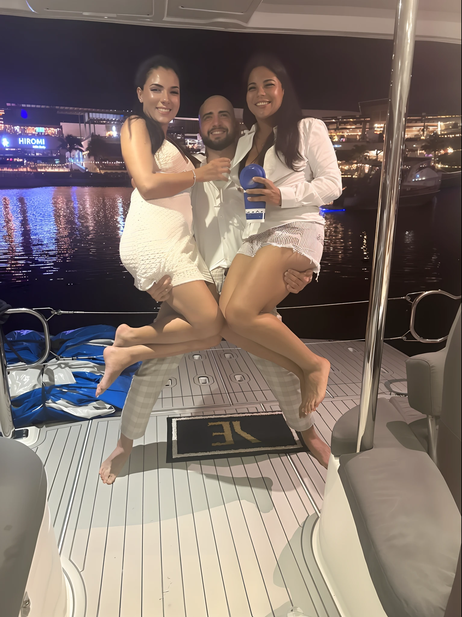 Two women and a man are posing on a boat - SeaArt AI