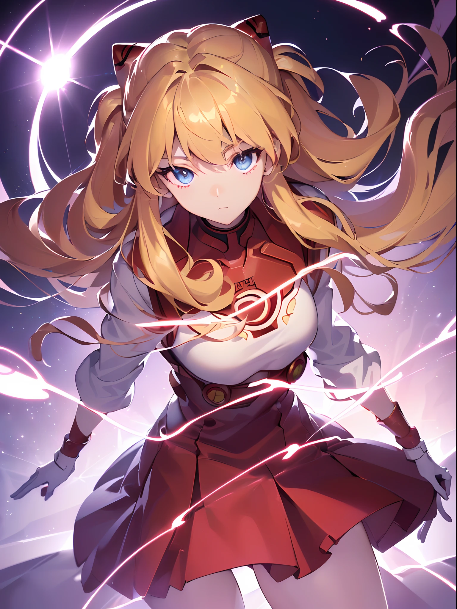 ((souryuu asuka langley, school uniform:1.4, Blonde)),(Glowing eyes:1.233),(Beautiful and detailed eyes:1.1),(Expressionless,Closed mouth),(standing), 1girll,Solo,(Masterpiece,Best quality, offcial art,Target the audience, Beautiful and aesthetic:1.2),(超高分辨率,Golden ratio, (4K), looking from below,((above the atmosphere)),Floating, (photon maping, Radio City, Physically-based rendering,automatic white balance),,Amazing,Sharp focus,Rich background, (((highdetailskin,)))Dynamic lighting,Intricately detailed clothing,Glowing eyes,Watery eyes,(masterpiece sidelighting),(a beauty girl,The sheen),[[Delicate fingers and hands:0.55]::0.85],(Detail fingers),((((The DSLR lens is reflected in the eye,Superior photographic quality,ultra-wide-angle)))),((unbelievable Ridiculous)),bust,shy,((extremely_Detailed_Eyes_and_face)),(Disheveled hair),Movie girl