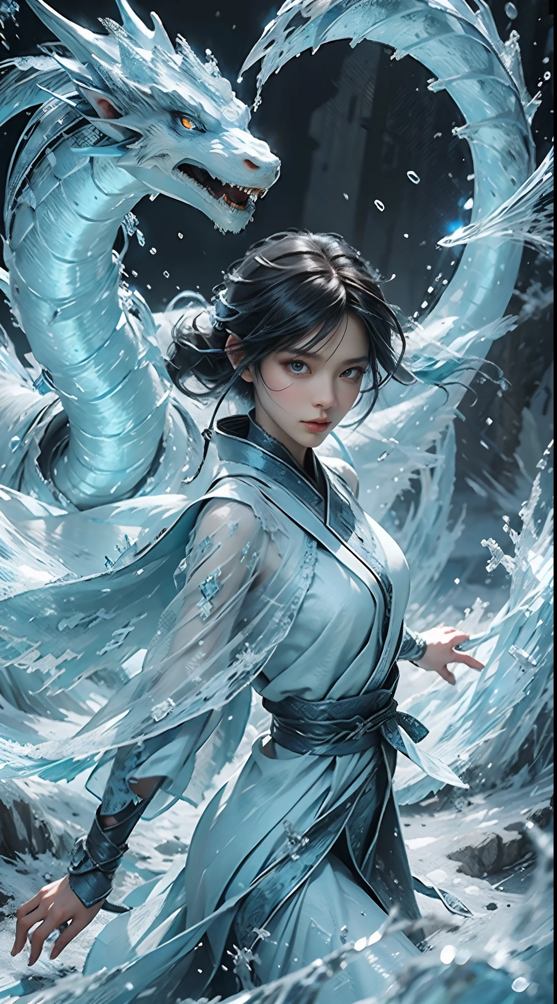 (((1girll)))，Imperial water，A magician，（Loose dress：1.5），（Perfect facial features：1.4），（Blue silk robe），（Mysterious magic formations：1.2），((ice Dragon))，（Ice crystal scales），Blue glow，（Frost wings），Powerful ice magic，Icicles，Towering over the landscape，Blue light cold light，Ice storms，wind，Flying snow ice and snow，Amazing results，,best qualityer,tmasterpiece,Ultra-high resolution,finely detailled,Complicated details,8K resolution,8KUCG wallpaper,hdr,water blue,Magic Array,Cinematic lighting effects,lightand shade contrast，Ray traching、nvidia RTX