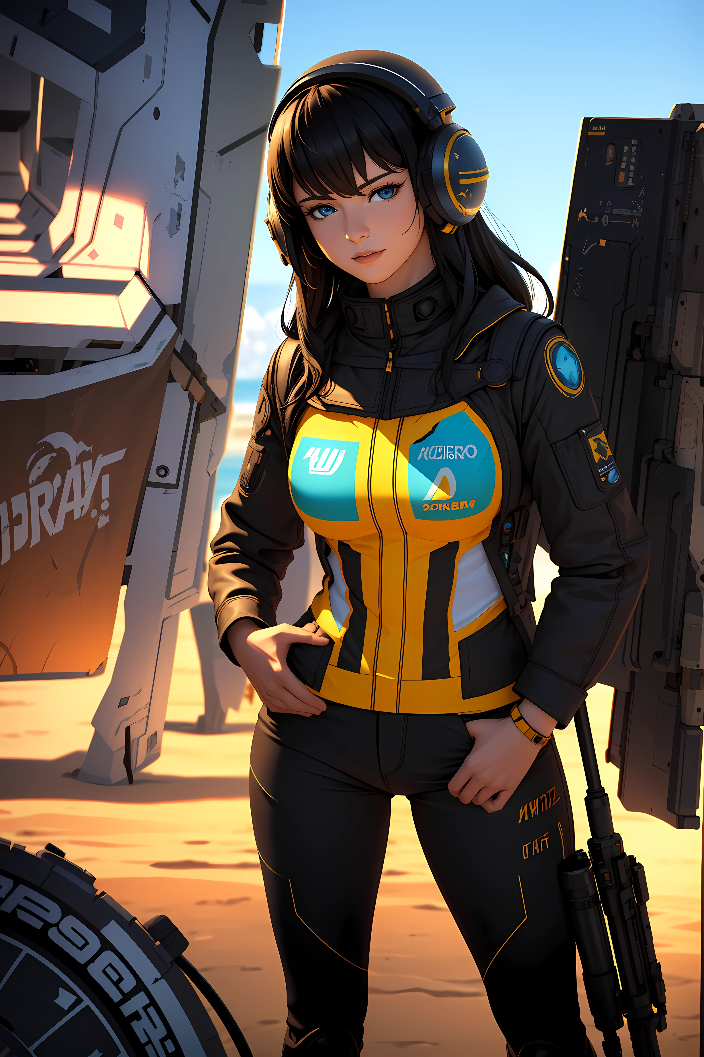 3D,Three-dimensional style,A woman with a gun in front of a spaceship, Dystopian empire in the background, Official character work, Oriana, Paintings of C-3PO, Inspired by Sachin Johnson, heaven planet in background, Promotional images of Juneau, full helmet. (Best quality,4K,8K,A high resolution,Masterpiece:1.2),Ultra-detailed,(Realistic,Photorealistic,photo-realistic:1.37), Sci-fi, sportrait, 废墟, Alien civilization, Futuristic technology, Vibrant colors, Dramatic lighting.