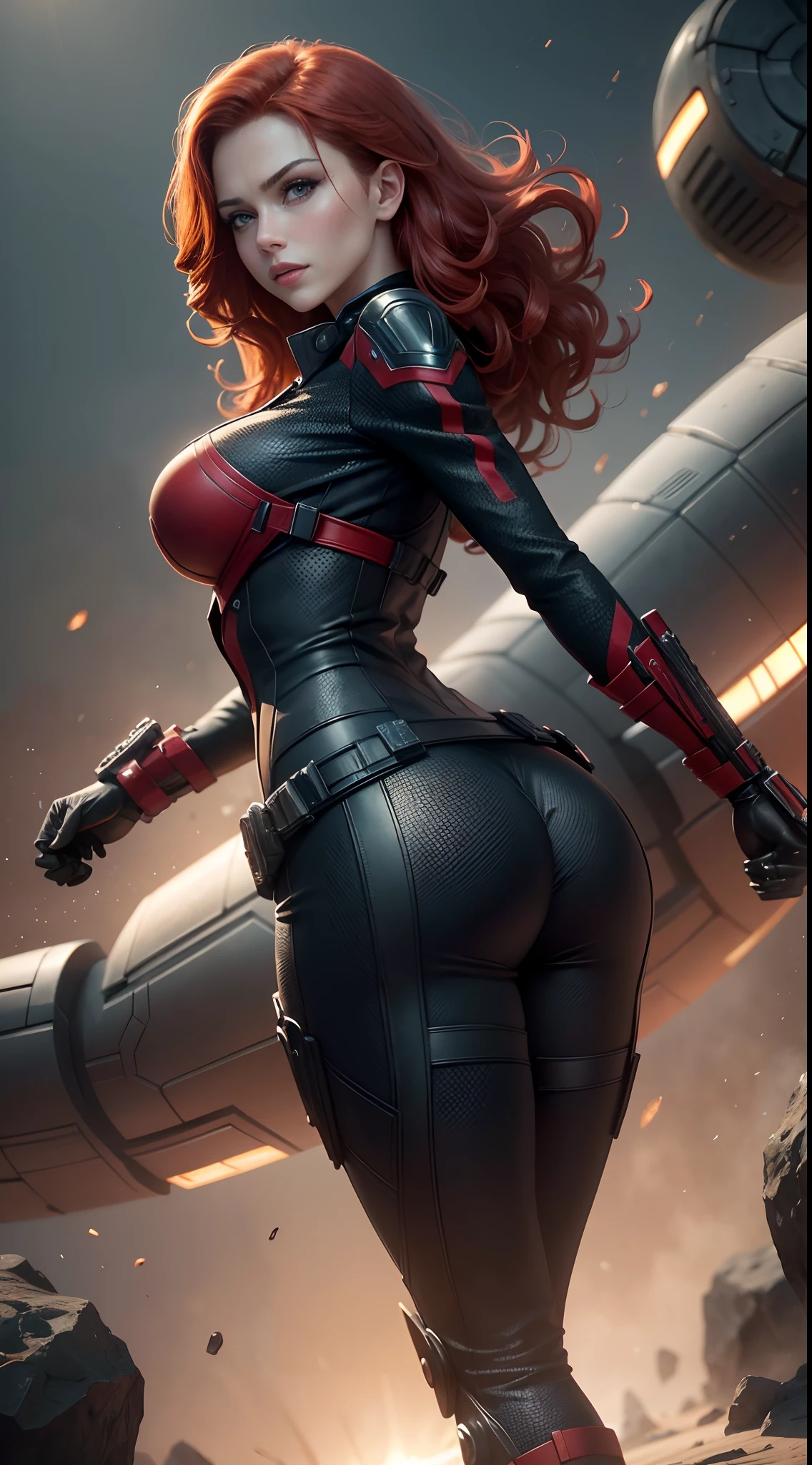 A woman in a black widow suit standing in front of a spaceship - SeaArt AI