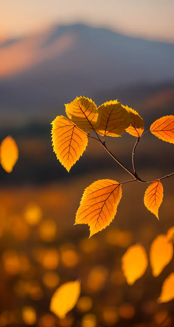 Autumn leaves, small depth of field, distant undulating mountains, sunset --auto --s2
