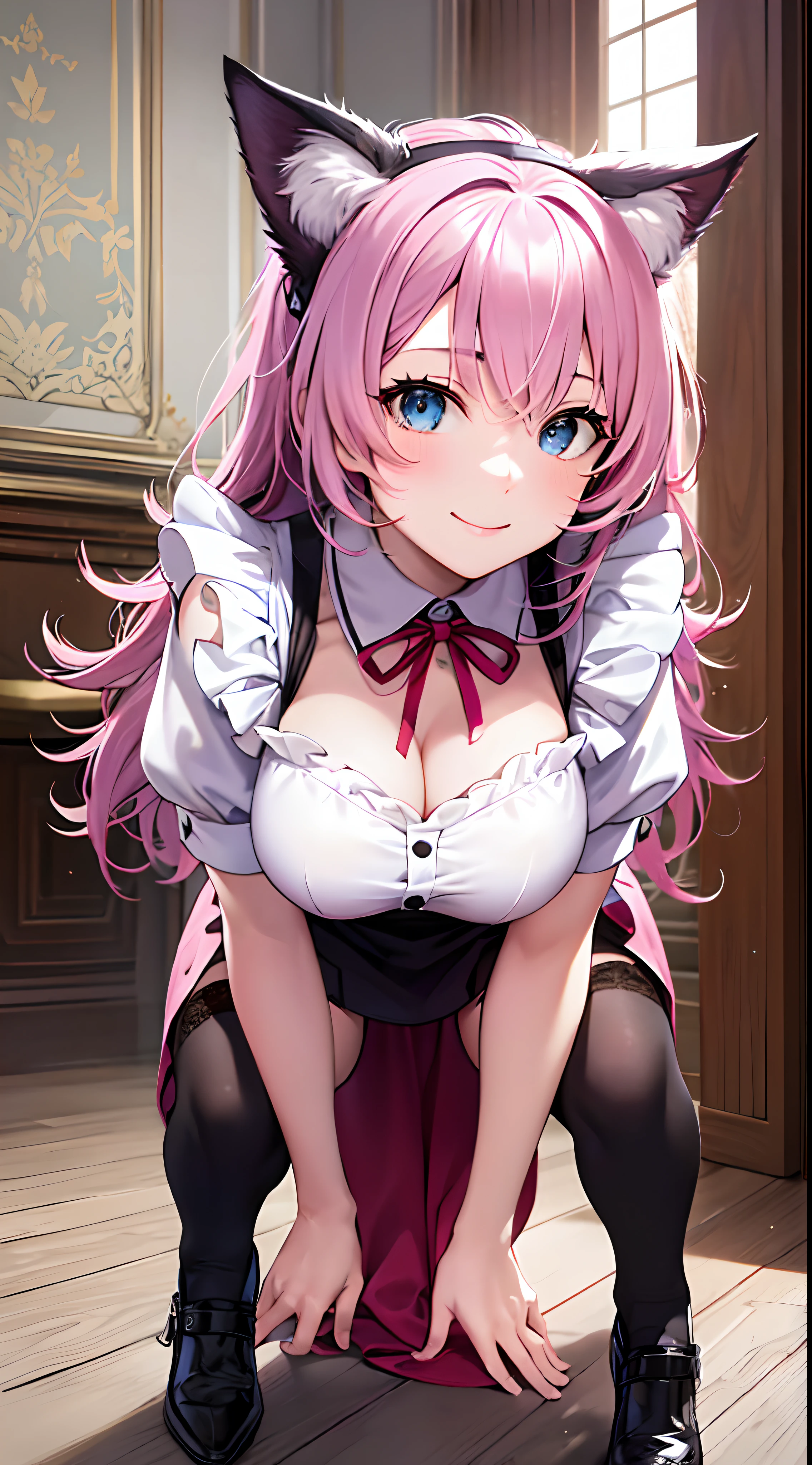 Anime girl with pink hair and cat ears kneeling on the floor - SeaArt AI