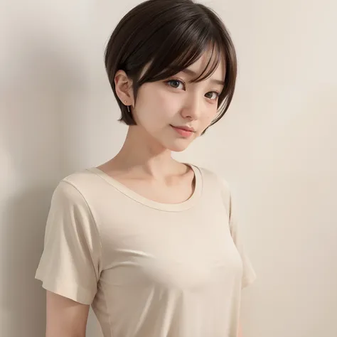 A woman with a short haircut wearing a beige shirt - SeaArt AI