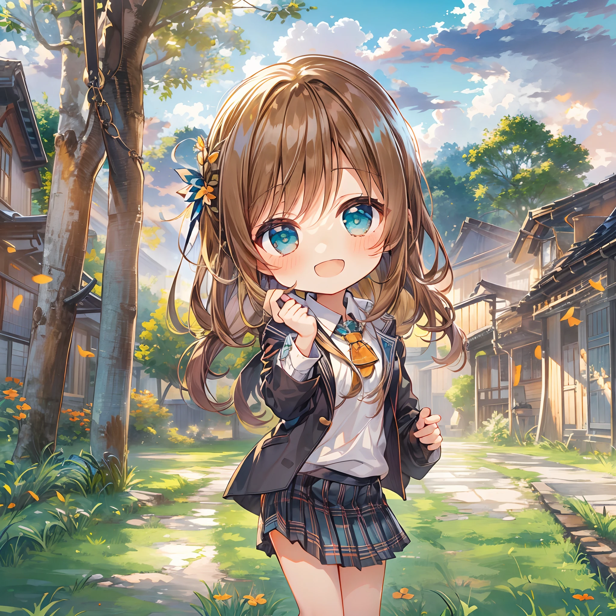 top-quality、masutepiece、1womanl、solo、(chibi:1.6),(cyan eyes:1.2)、Happy smile、Brown Single Blade、White School Uniform、Black socks、plaid skirts、Blushing、Akame、early evening、Lots of countryside、Big sunset、Orange view、Small necklace、