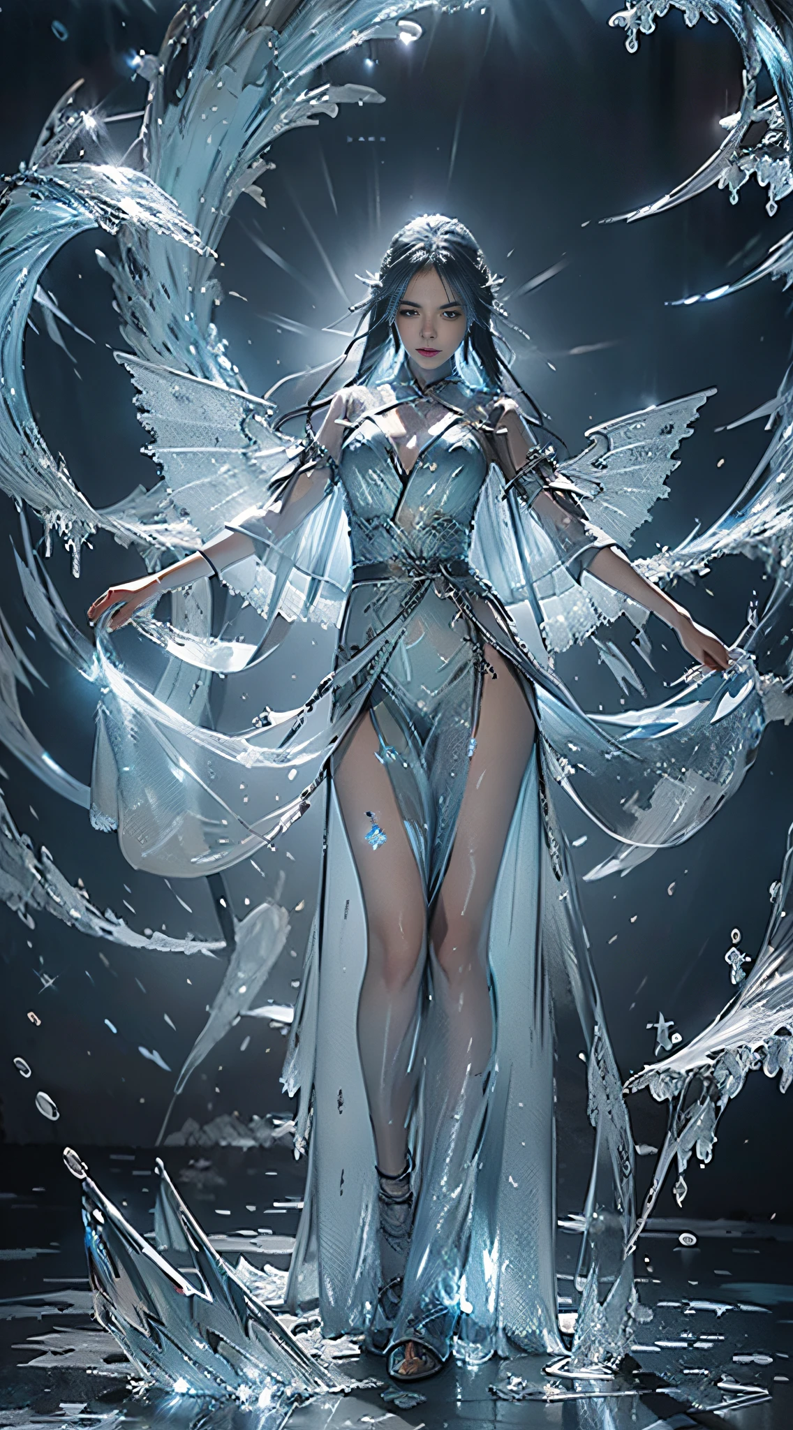 (((1girll)))，imperial water，a sorceress，（Loose dress：1.5），（Perfect facial features：1.4），（Blue silk robe），（Mystical magical formations：1.2），((Ice Dragon))，（Ice crystal scales），Blue glow，（Frost wings），Powerful Ice Magic，Icicles，Soar above the landscape，Blue Light Cold Light，Ice Storm，wind，Flying snow ice and snow，Amazing results，,best qualtiy,tmasterpiece,超A high resolution,Up to detail,intricate-detail,8K resolution,8KUCG Wallpaper,nffsw,Water Blue,magic array,cinematic lighting effect,lightand shade contrast，Ray traching、nvidia RTX
