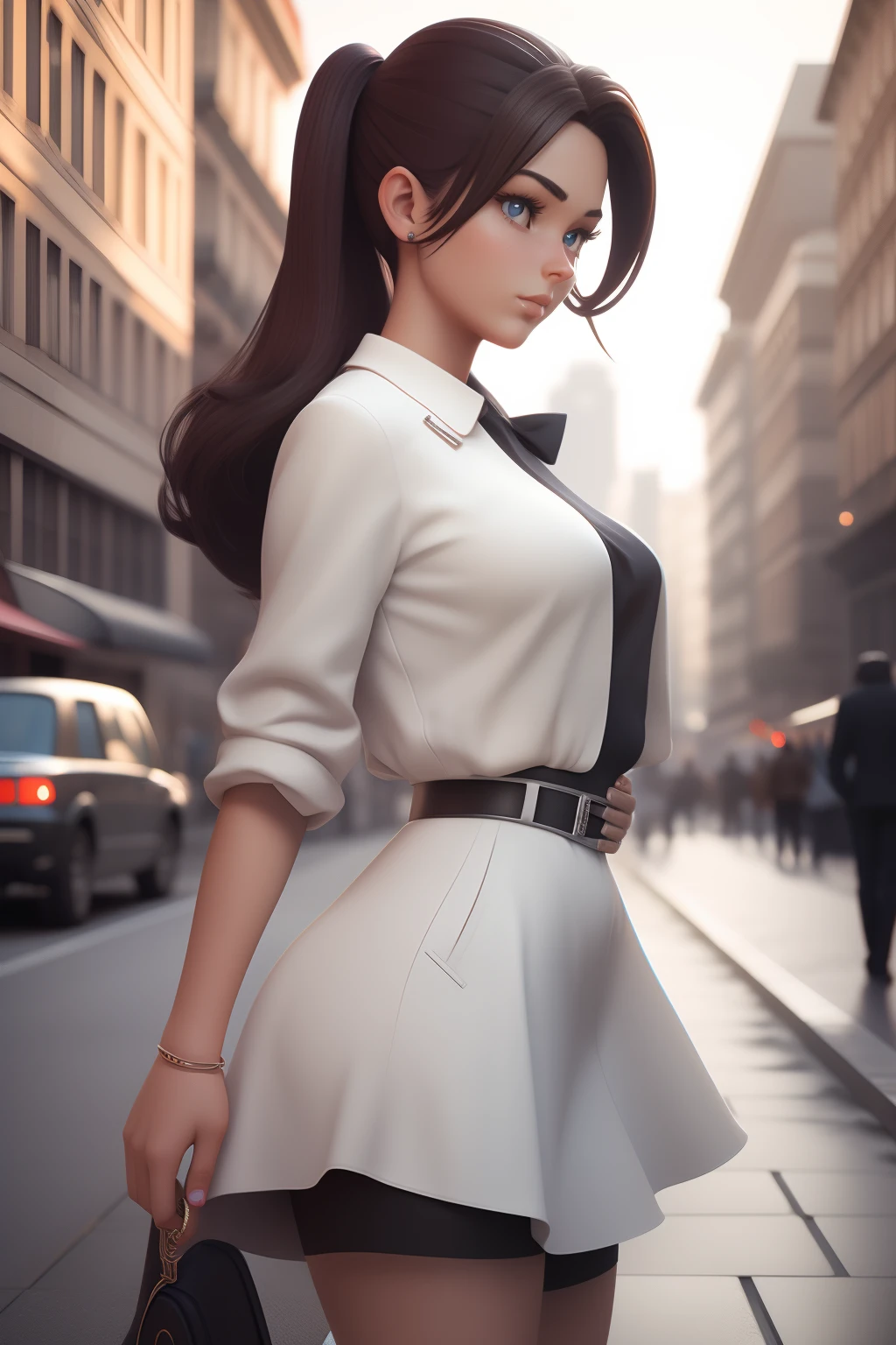 modèle 3D, 3DMDT1, rendu 3D, photo photoréalisme photoréaliste corps entier pris de côté, 1fille, belle fille à la mode des années 60 dans la rue, Regarder le spectateur