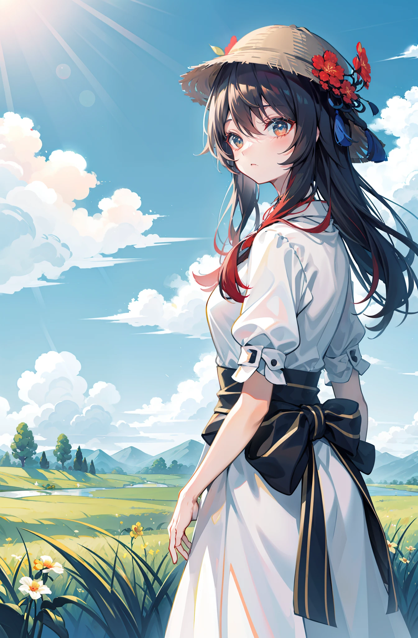 Hu tao from genshin impact, white background, casual outfit, cute pose, Prairie, a beauty with a sunhat standing on the prairie, big clouds, blue sky, meadow, forest, hillside, secluded, tourist attraction, HD detail, hyper-detail, cinematic, surrealism, soft light, deep field focus bokeh, ray tracing and surrealism. --v6