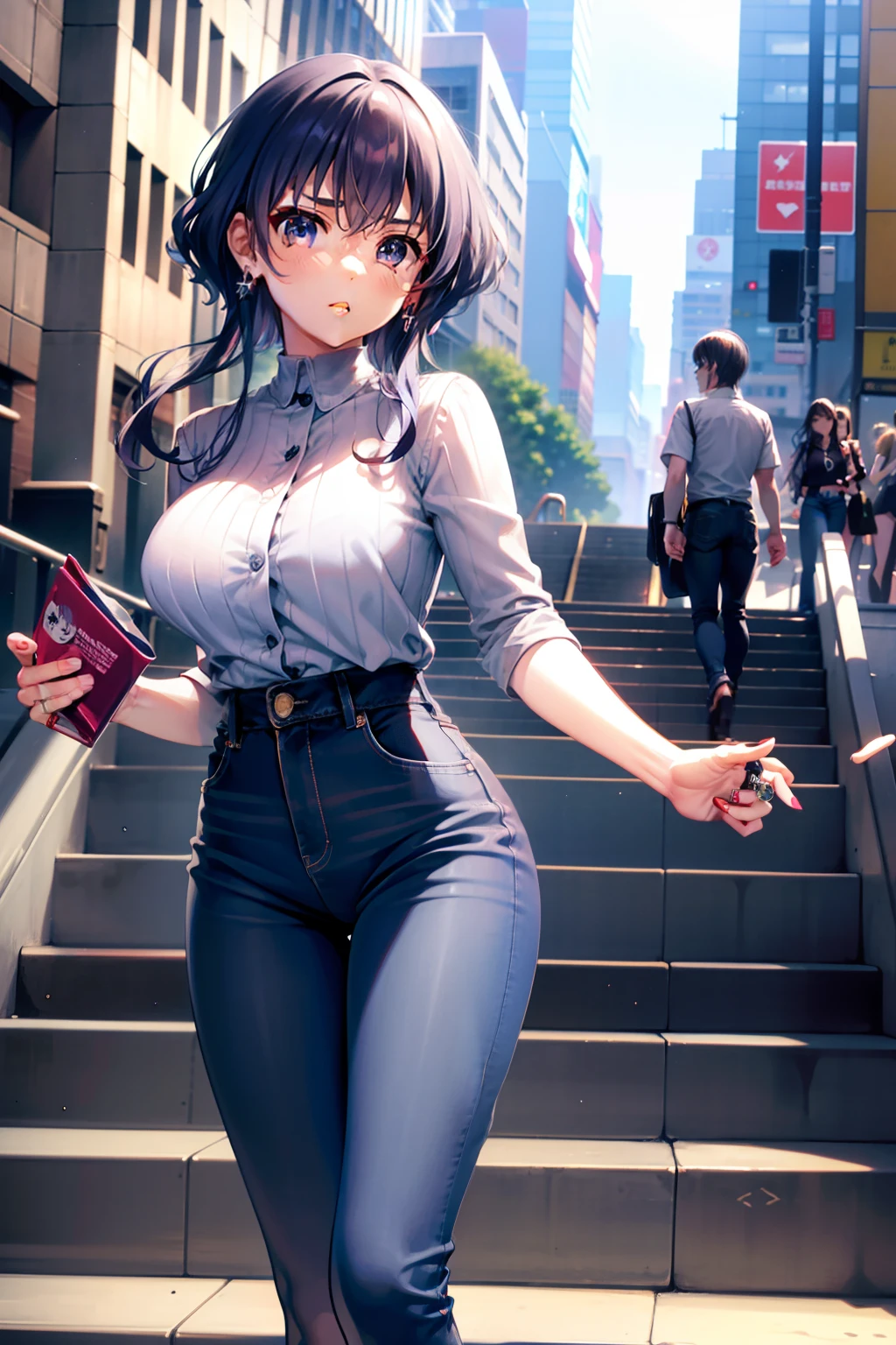 Michiru Hyodo、silber hair、Colossal 、Blue eyes、Ring earrings、damage　Black high-waisted jeans、shuicolor　Stripes　frill shirt、Red High Heels、station　escalators