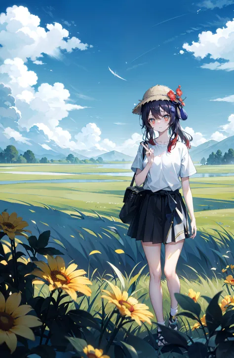 Hu tao from genshin impact, white background, casual outfit, casual t shirt, cute pose, Prairie, a beauty with a sunhat standing on the prairie, big clouds, blue sky, meadow, forest, hillside, secluded, tourist attraction, HD detail, hyper-detail, cinemati...
