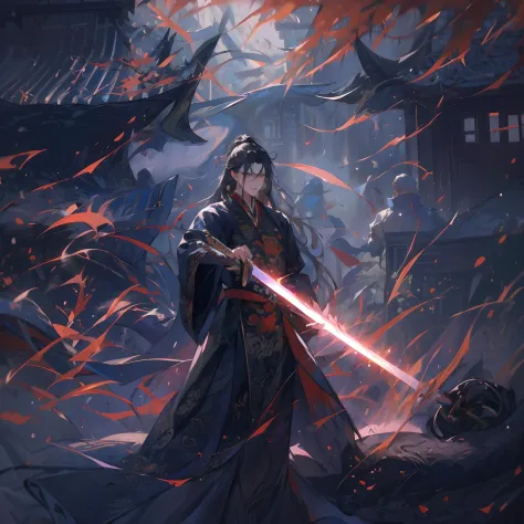 Long-haired oriental swordsman (Male) Wearing traditional black Chinese clothing, Holding a Chinese sword (jian) Called "Hong Jian", Channeling powerful magic. The sword exudes a vibrant aura, There is a strong flow of energy. The blade is surrounded by a ...