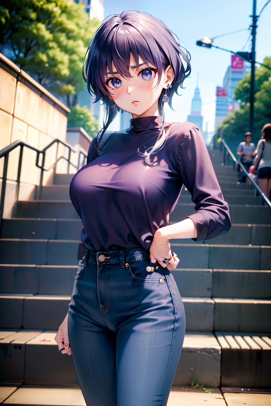 Michiru Hyodo、silber hair、Colossal 、Blue eyes、Ring earrings、damage　Black high-waisted jeans、shuicolor　Stripes　frill shirt、Red High Heels、station　escalators
