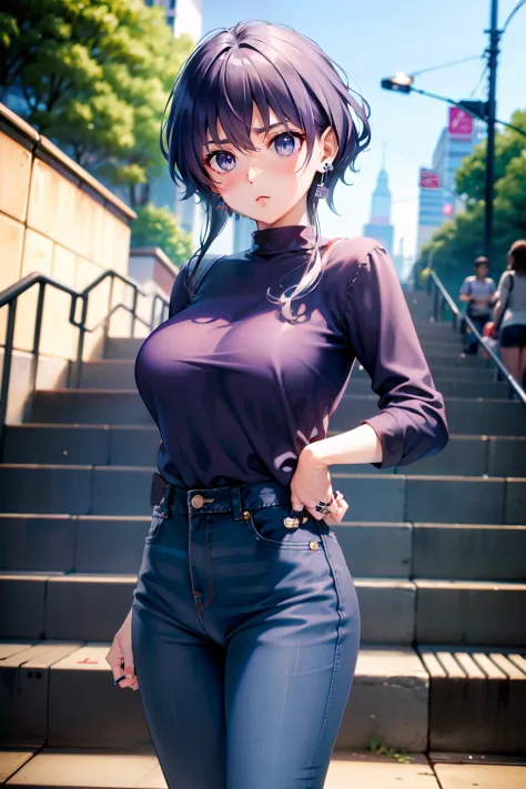 Michiru Hyodo、silber hair、Colossal tits、Blue eyes、Ring earrings、damage　Black high-waisted jeans、shuicolor　Stripes　frill shirt、Re...