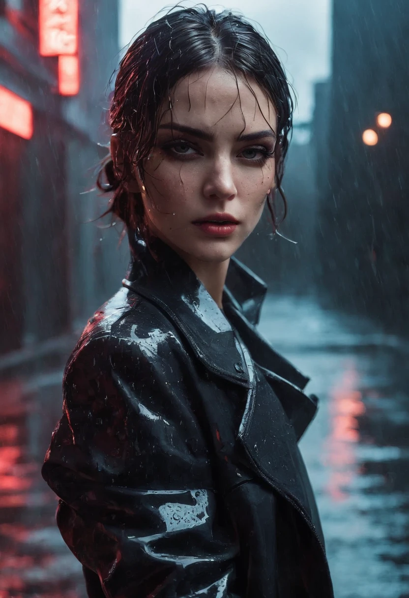 Female Hitman Holding a Handgun, Rainy city, No sign of people, Neon sign is wet in the rain