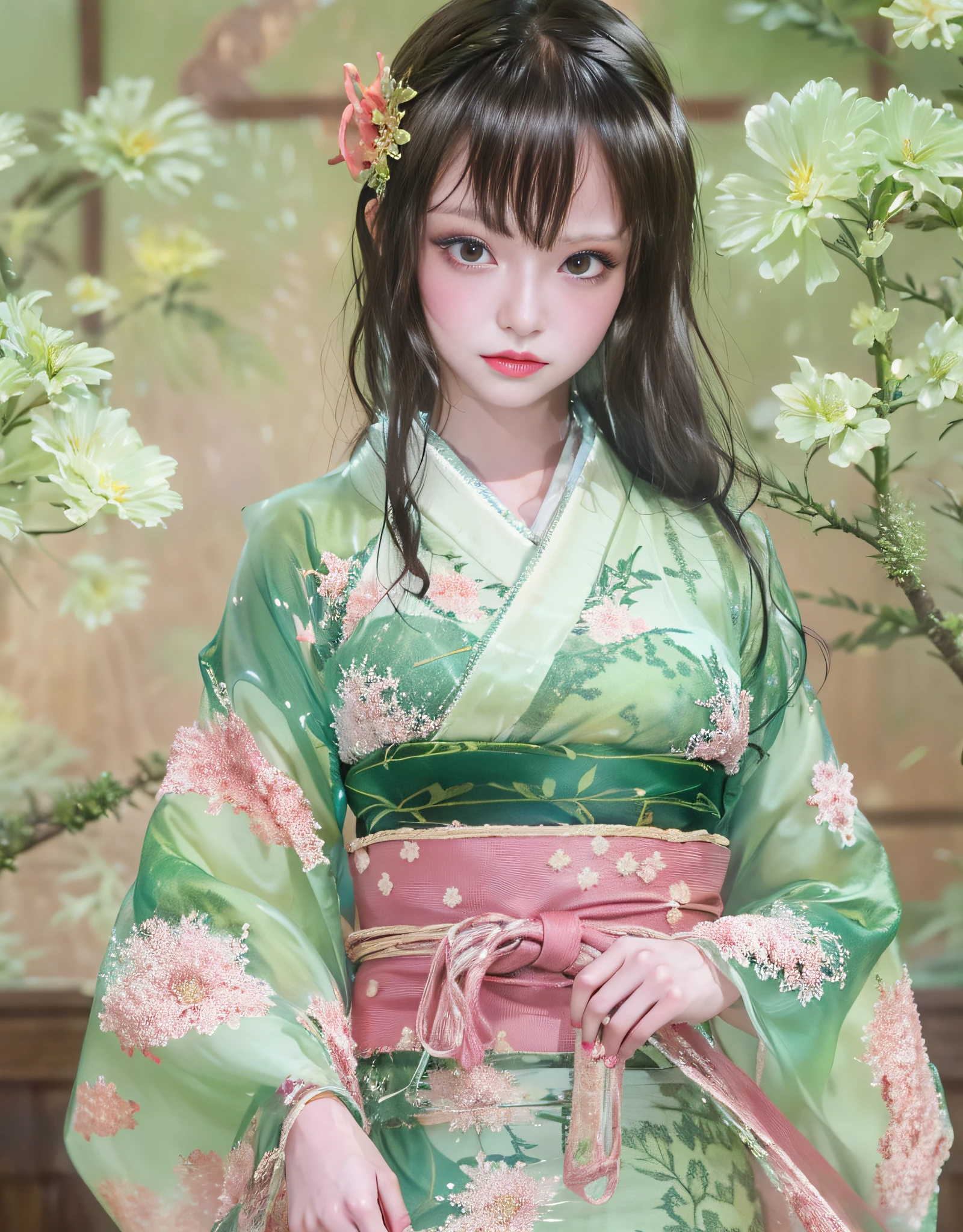 (Hermosas modelos en comerciales de kimonos japoneses, hermoso cabello negro largo y liso), Solo, ((la cara es 80% belleza y elegancia, 20% bonito y lindo:1.5)), (Ella is a model for half Eastern Europe and Asia), Ojos claros, (ojos detallados, ojos verde claro, pupilas brillantes), Párpados dobles, (labios sexys con un poco de espesor:1.2), ((Ropa interior fina con súper detalles y una resolución increíblemente alta.:1.2)), Texturas faciales muy detalladas, forma de cuerpo llamativa, mujer con curvas y muy atractiva, Foto profesional en color RAW de alta resolución, BREAK es una textura de ultra alta resolución., Representación del cuerpo en alta resolución, grande eyes, obra maestra incomparable jamás, increíble alta resolución, súper detallado, impresionante piel de cerámica, BREAK ((Date la vuelta para mostrar el patrón del kimono.:1.5)), ((Ella「Hata Juban」Use un kimono que se usa debajo de un kimono llamado:1.5)), ((Este kimono está hecho de tela fina blanca:1.2)), (Porque este kimono es muy delgado.、Puedes ver a través de su hermoso color de piel.), (Ropa interior japonesa clásica elaborada elaboradamente), ((El patrón es rosa pálido..、Patrón de agua que fluye):1.2), ((Un kimono muy fino exquisitamente elaborado y elegante.)), (mañana、Filmada en una habitación de estilo japonés con tatamis. (tejido de paja) una cama)) BREAK ((mejor calidad, 8k)), enfoque nítido:1.2, (corte de capas, grande:1.2), (hermosa mujer con figura perfecta:1.4), (Hermosa y elegante vista trasera.:1.3), cintura delgada, (Forma correcta de la mano:1.5), (tiro de cuerpo completo | tiro de vaquero)