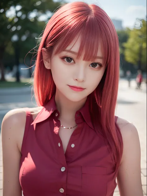 best quality, realistic, ultra high res, (photorealistic1.4), red eyes, red hair, smile, sleeveless red button shirt, 1girl, solo, glowing eyes, night, in the park, ((puffy eyes)), (((looking at viewer))), ((closeup)),