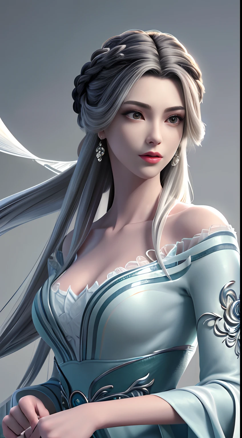 (best quality, masterpiece:1.2), ultra high res, realistic, front lighting, intricate detail, Exquisite details and textures, 1girl, solo ,(young), face highlight, upper body, detailed face, tear mole, white skin, silver hair, ponytail, braid hair, looking at viewer, big eyes, silk robe, (hollow pattern, white, silk), earrings, small breasts, slim body, luxury room, professional lighting, photon mapping, radiosity, physically-based rendering,