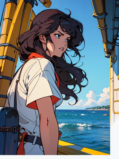 Create a stylized retro-anime illustration of a pirate girl standing on the deck of a ship on a sunny day, gazing into the dista...