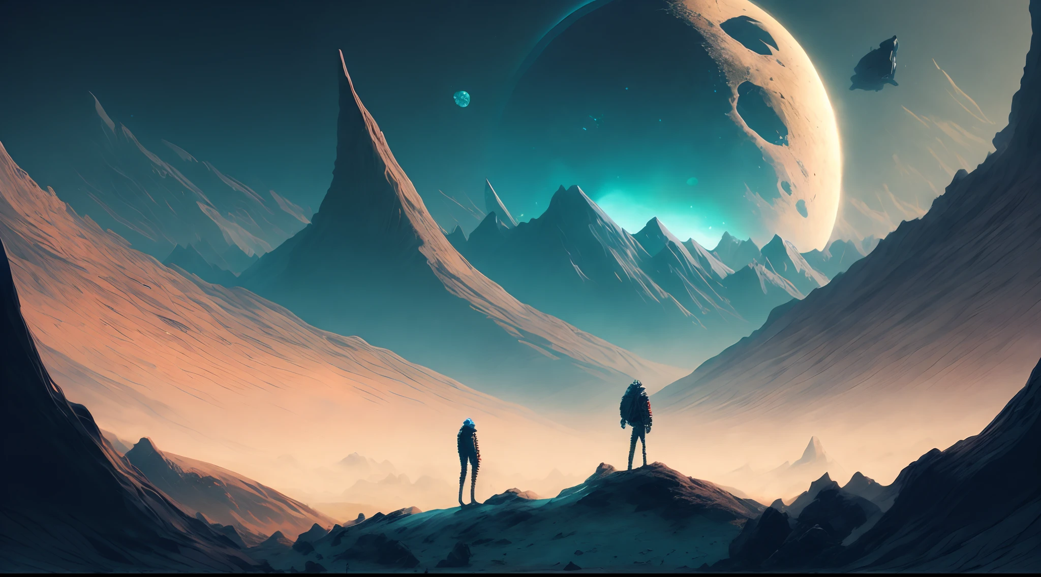 A man with a cap, standing in front of an alien landscape of mountains, rocks and the moon, Christopher Baraskas, with a split door in the sky