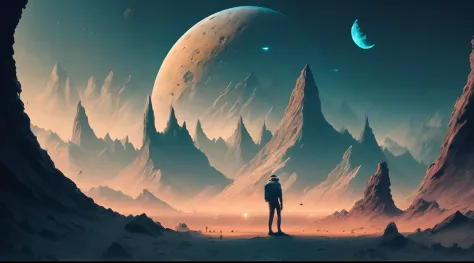 a man with a cap, standing in front of an alien landscape of mountains, rocks and the moon, christopher baraskas, with a split d...