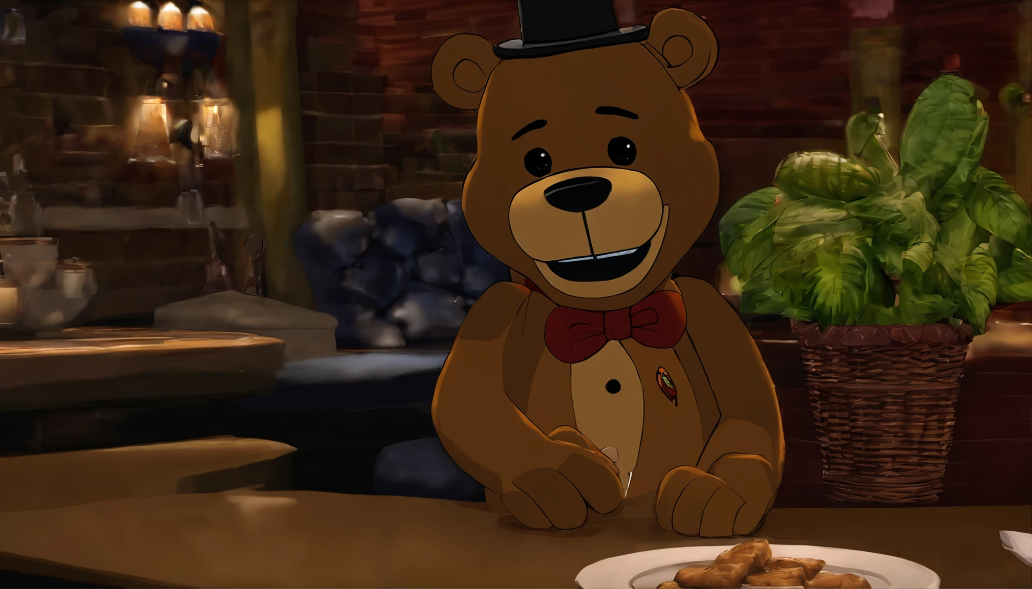 There is a cartoon bear sitting at a table with a plate of food - SeaArt AI