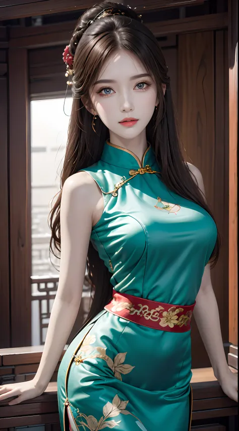 Photorealistic, high resolution, 1 woman, hips up, Beautiful eyes, Long hair, ringed eyes, jewelry, cheongsam