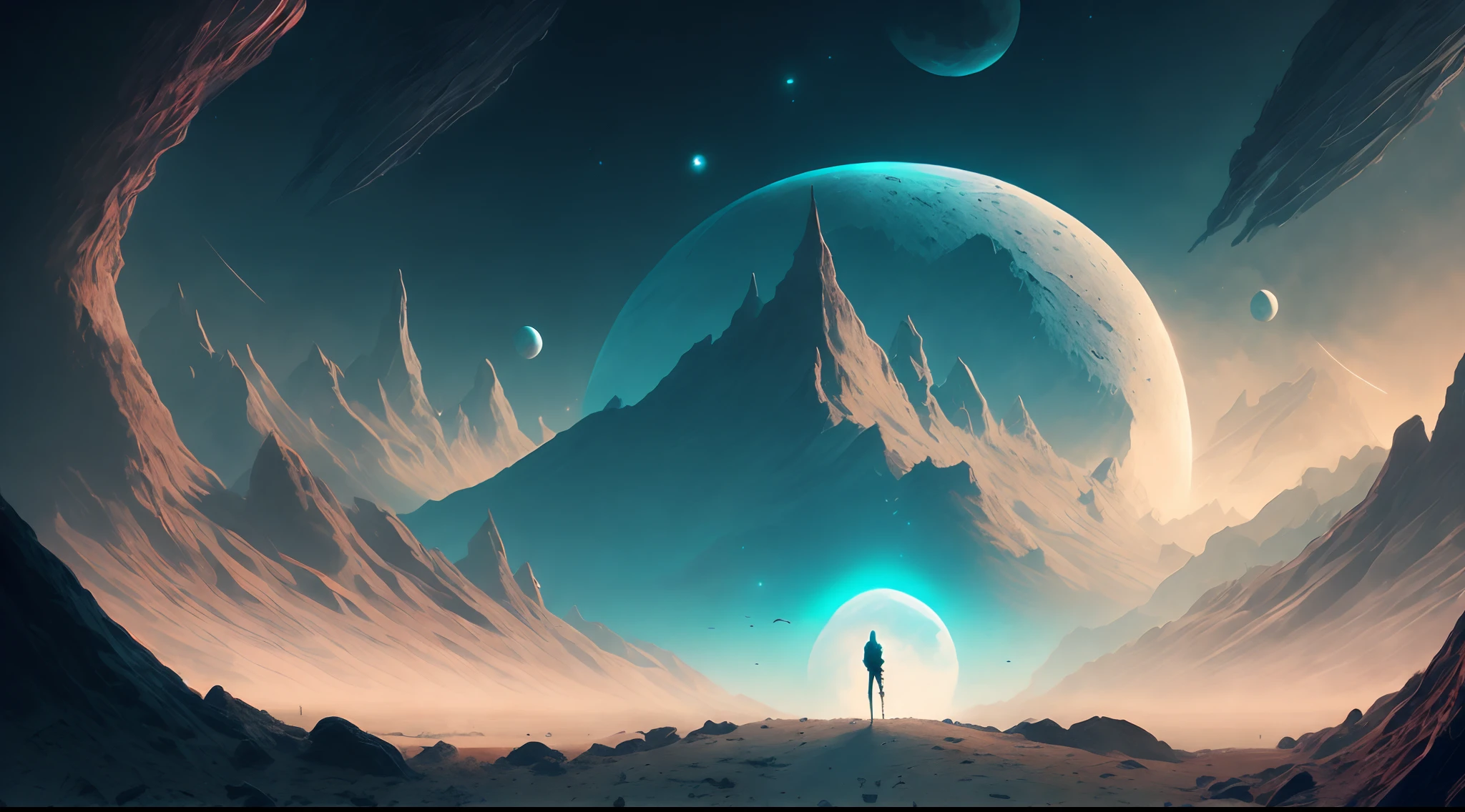 A man with a cap, standing in front of an alien landscape of mountains, rocks and the moon, Christopher Baraskas, with a split door in the sky