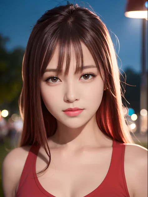 best quality, realistic, ultra high res, (photorealistic1.4), red eyes, red hair, smile, sleeveless red button shirt, 1girl, solo, glowing eyes, night, in the park, ((puffy eyes)), (((looking at viewer))), ((closeup)),