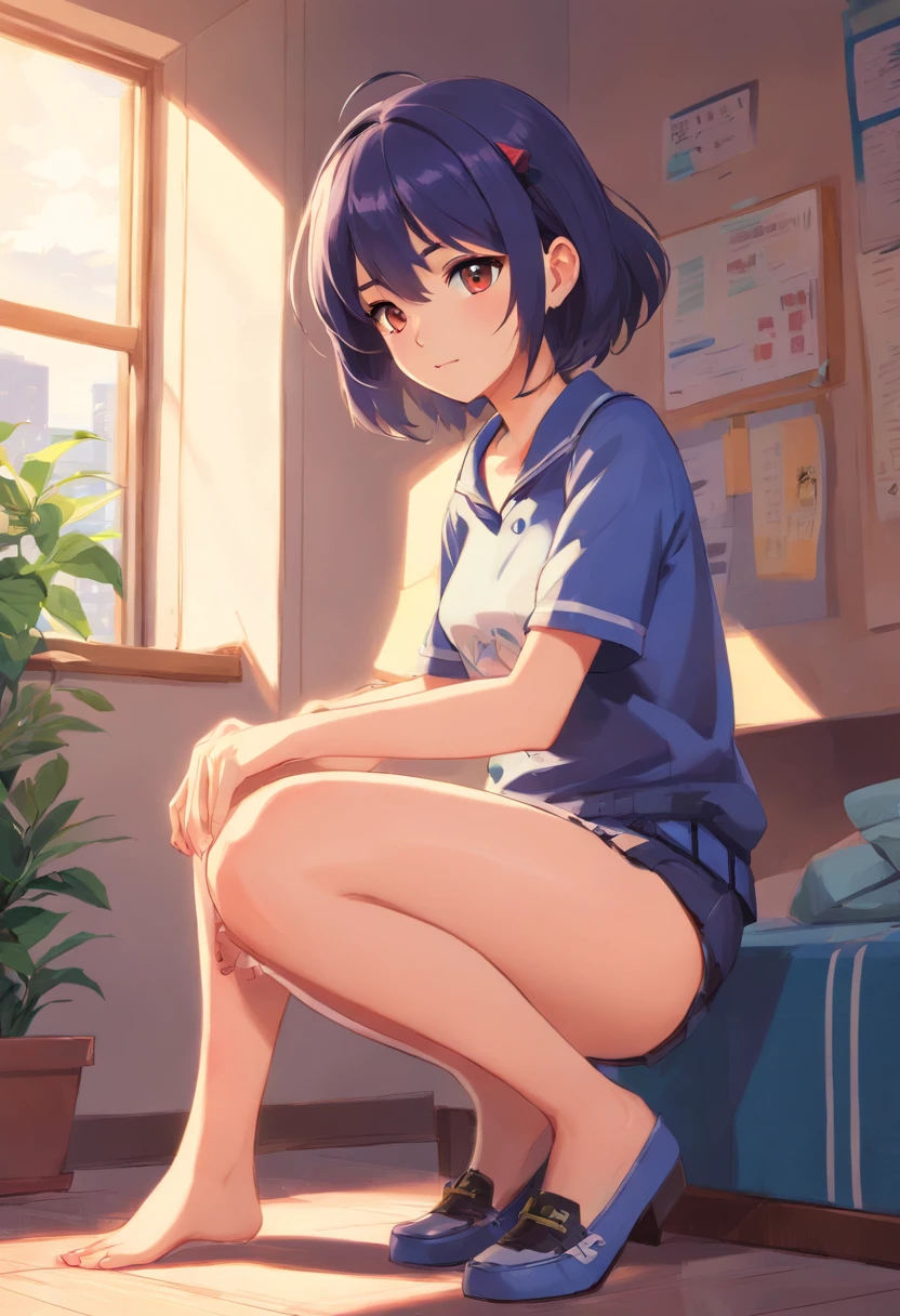 Anime girl sitting on a bed in a room with a plant - SeaArt AI