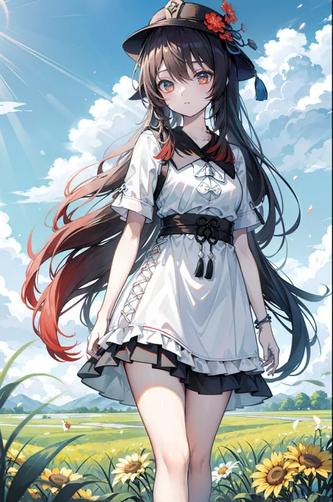 Hu tao from genshin impact, white background, casual outfit, casual t shirt, cute pose, Prairie, a beauty with a sunhat standing on the prairie, big clouds, blue sky, meadow, forest, hillside, secluded, tourist attraction, HD detail, hyper-detail, cinemati...