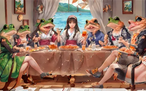 there is a teenage girl in japan having the last supper with a frog、she has modern girly fashion、there is a detailed frog、the la...