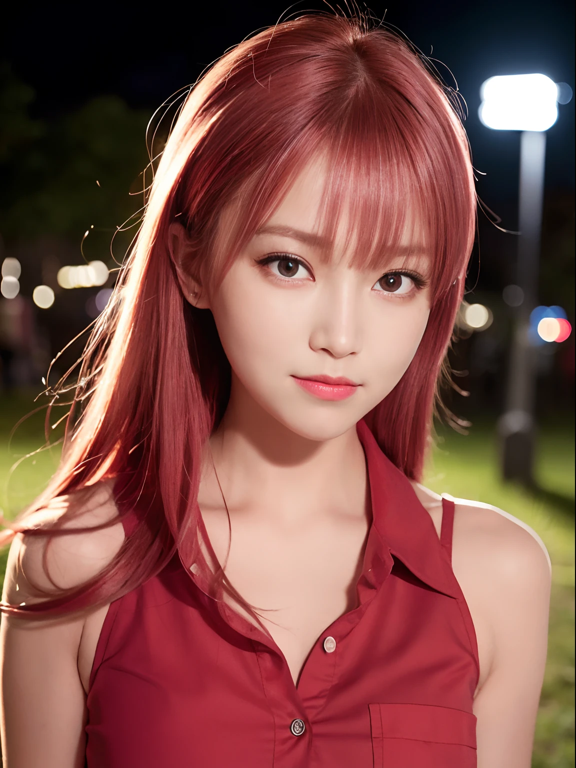 best quality, realistic, ultra high res, (photorealistic1.4), red eyes, red hair, smile, sleeveless red button shirt, 1girl, solo, glowing eyes, night, in the park, ((puffy eyes)), (((looking at viewer))), ((closeup)),